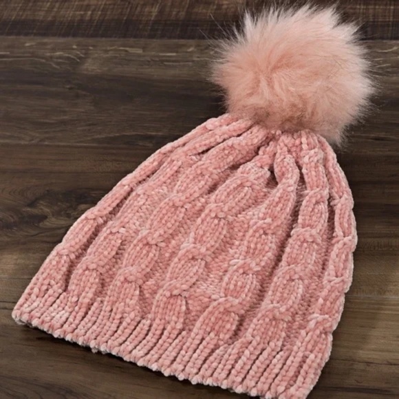 Blush Chenille Cable Knit Faux Fur Pompom Beanie - Picture 2 of 3